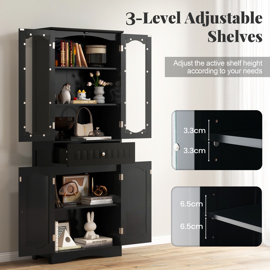 Costway 160cm Bathroom Cabinet w/Tempered Glass Doors & 1 Drawer Freestanding Storage Cupboard Pantry Cabinet