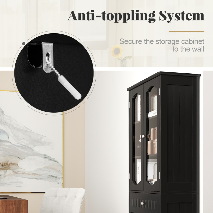 Costway 160cm Bathroom Cabinet w/Tempered Glass Doors & 1 Drawer Freestanding Storage Cupboard Pantry Cabinet