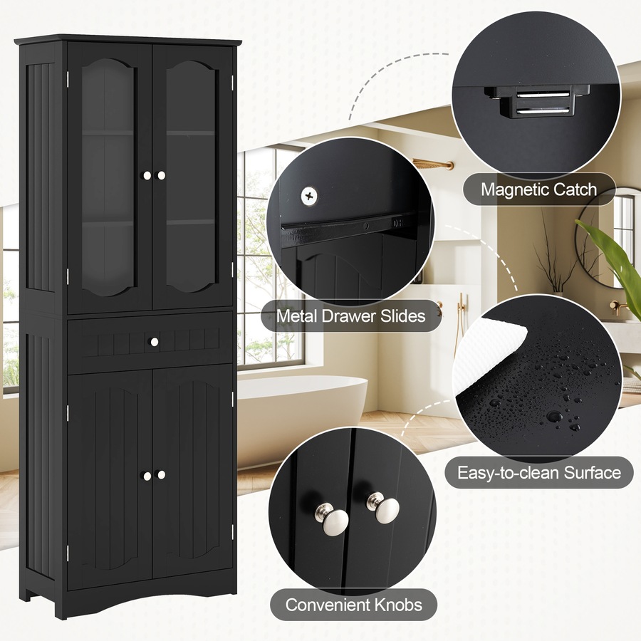 Costway 160cm Bathroom Cabinet w/Tempered Glass Doors & 1 Drawer Freestanding Storage Cupboard Pantry Cabinet