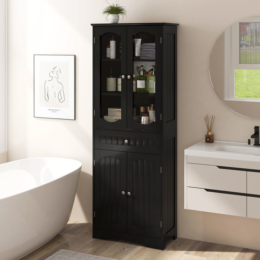 Costway 160cm Bathroom Cabinet w/Tempered Glass Doors & 1 Drawer Freestanding Storage Cupboard Pantry Cabinet
