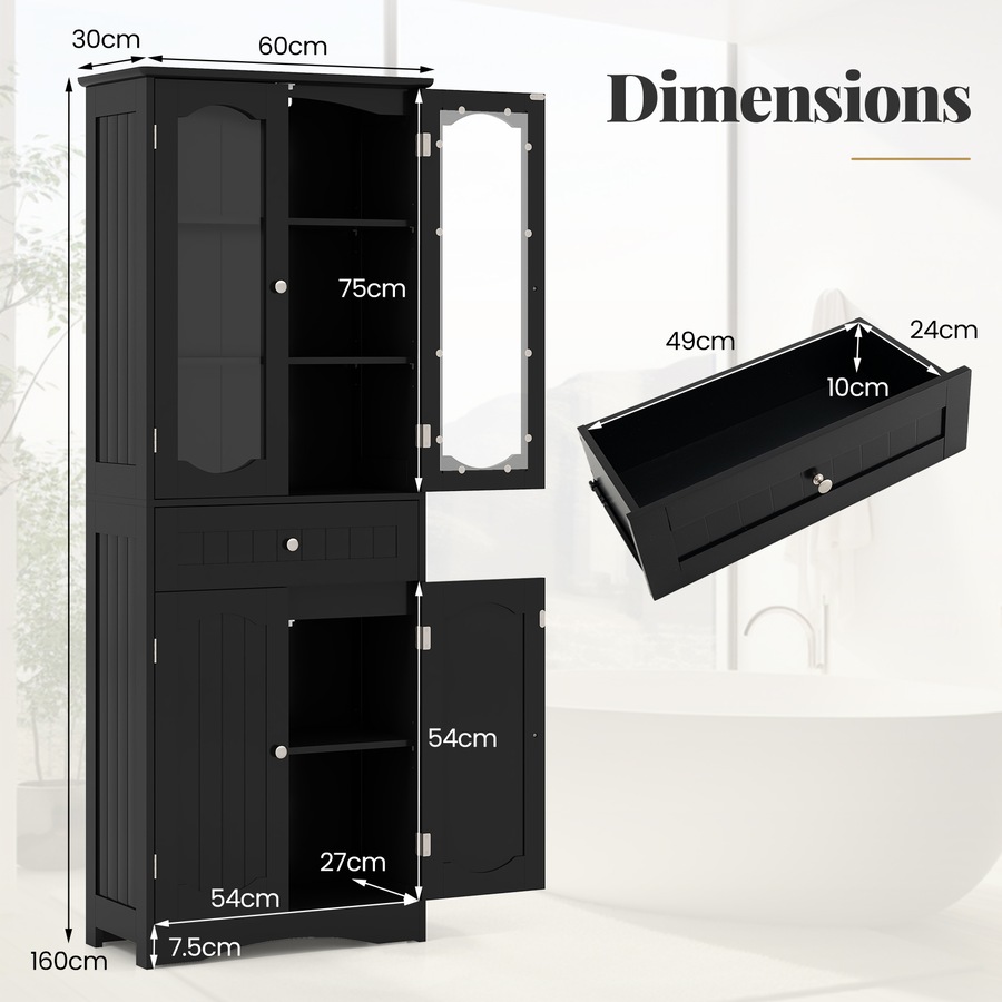 Costway 160cm Bathroom Cabinet w/Tempered Glass Doors & 1 Drawer Freestanding Storage Cupboard Pantry Cabinet
