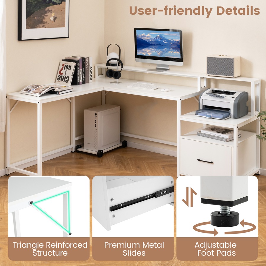 Costway 170cm L-shaped Computer Desk w/Power Outlet Office Modern Study Table Work Gaming Desk