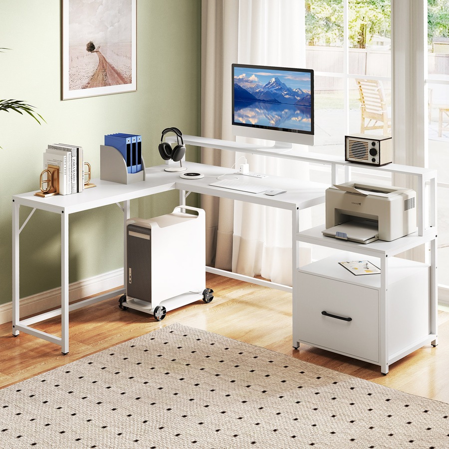 Costway 170cm L-shaped Computer Desk w/Power Outlet Office Modern Study Table Work Gaming Desk