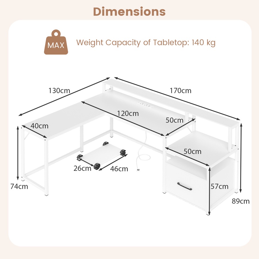 Costway 170cm L-shaped Computer Desk w/Power Outlet Office Modern Study Table Work Gaming Desk