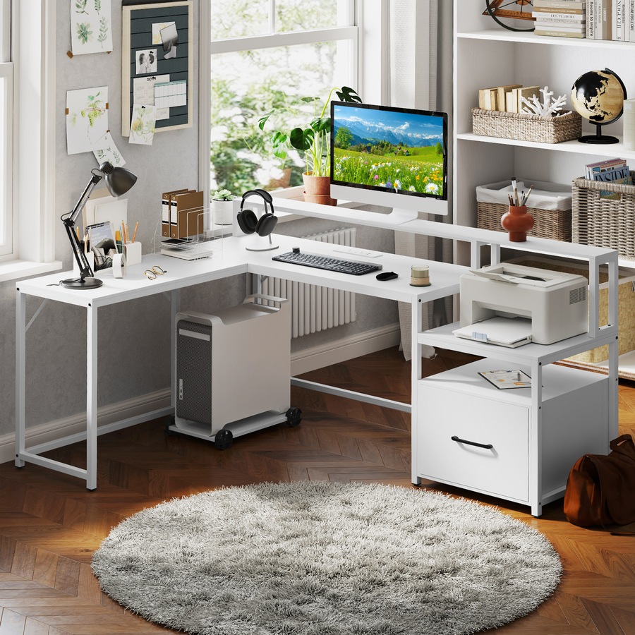Costway 170cm L-shaped Computer Desk w/Power Outlet Office Modern Study Table Work Gaming Desk