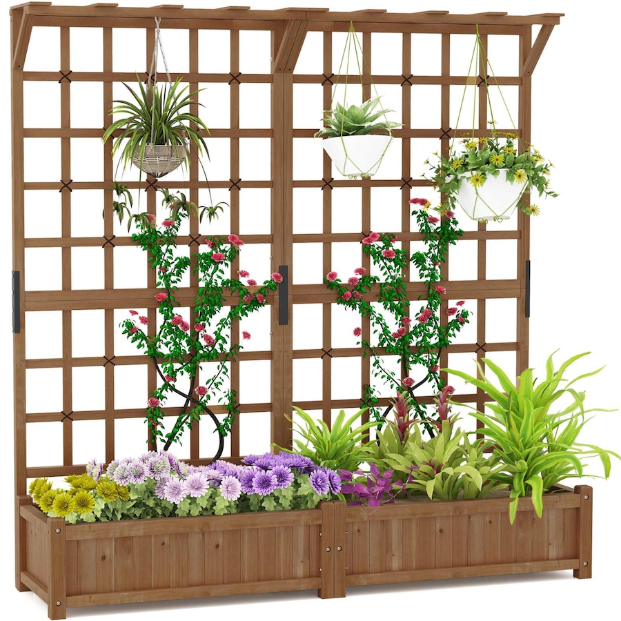 Costway 183CM Wood Raised Garden Bed w/Climbing Trellis Hanging Roof & Drainage Holes Elevated Planter Box