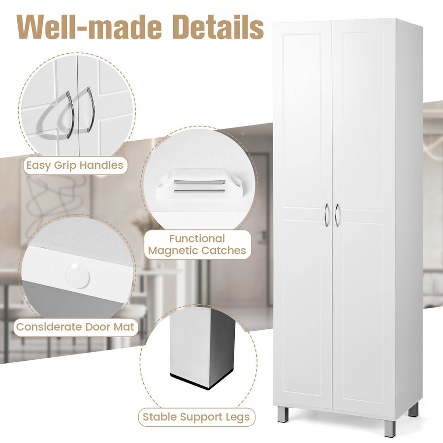 Costway 187 CM Double Door Tall Storage Cabinet Modern Utility Pantry Organizer White