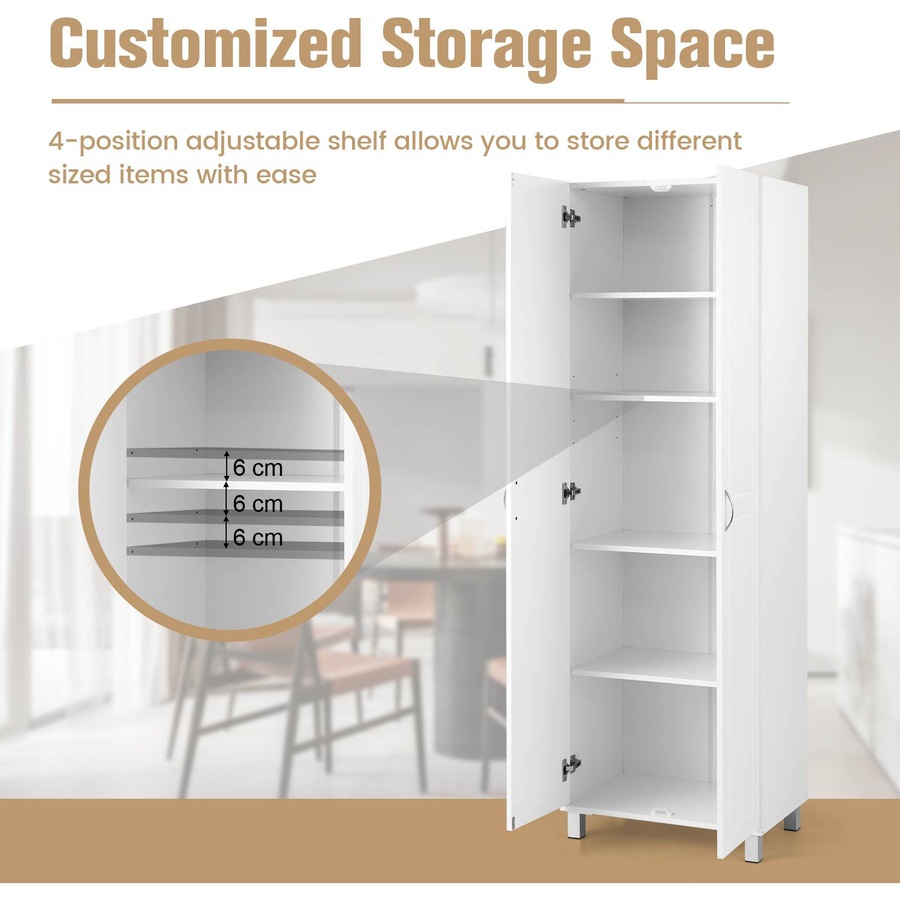 Costway 187 CM Double Door Tall Storage Cabinet Modern Utility Pantry Organizer White