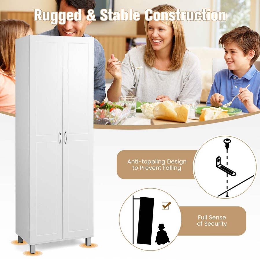 Costway 187 CM Double Door Tall Storage Cabinet Modern Utility Pantry Organizer White