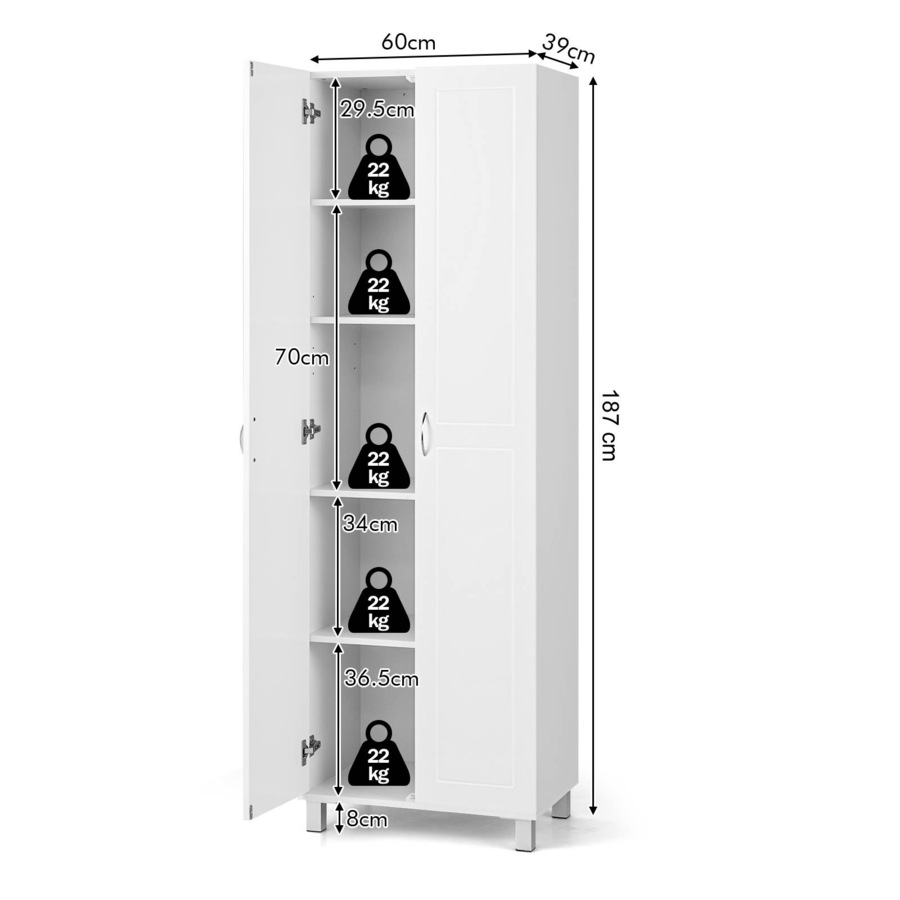 Costway 187 CM Double Door Tall Storage Cabinet Modern Utility Pantry Organizer White