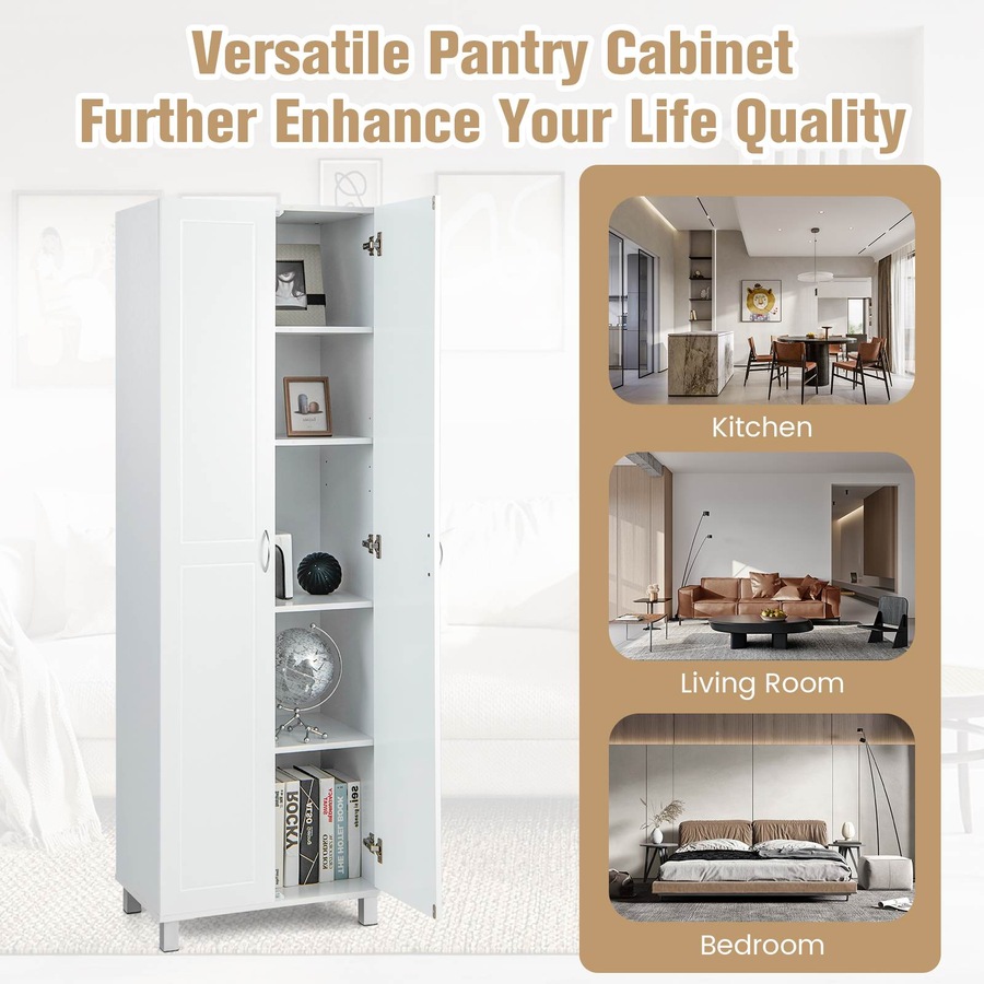 Costway 187 CM Double Door Tall Storage Cabinet Modern Utility Pantry Organizer White