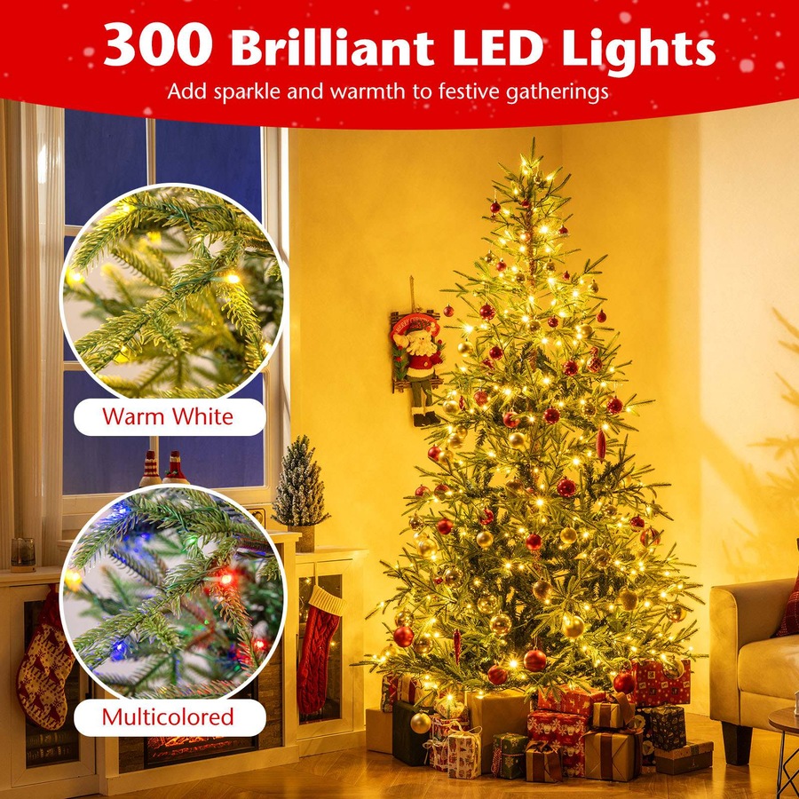 Costway 2.1M Christmas Tree 11 Mode 678 PE Tips Xmas Tree 300 LED Light Pre-lit Party Hinged Decor Gift