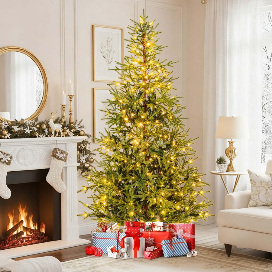 Costway 2.1M Christmas Tree 11 Mode 678 PE Tips Xmas Tree 300 LED Light Pre-lit Party Hinged Decor Gift