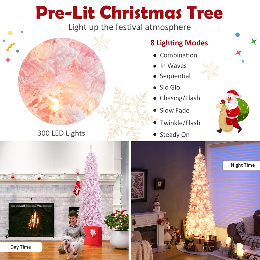 Costway 2.1M Pre-lit Christmas Tree Artificial PVC Hinged Snow Flocked Xmas Tree w/8 Modes Lights & 800 Branch Tips
