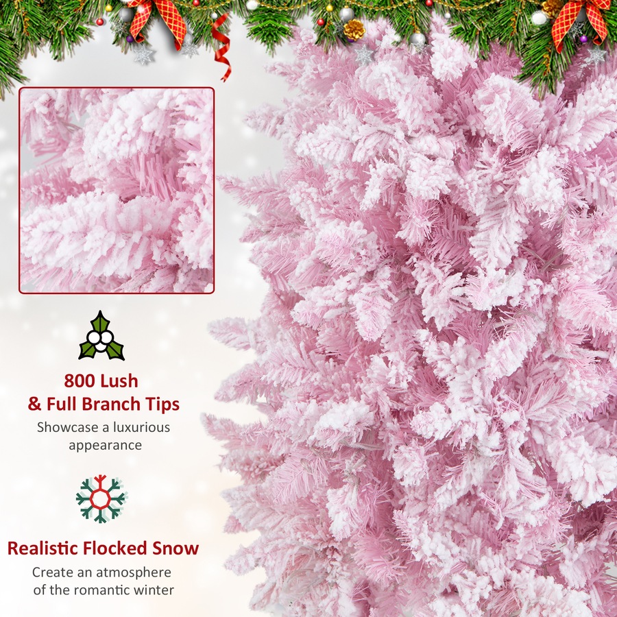 Costway 2.1M Pre-lit Christmas Tree Artificial PVC Hinged Snow Flocked Xmas Tree w/8 Modes Lights & 800 Branch Tips