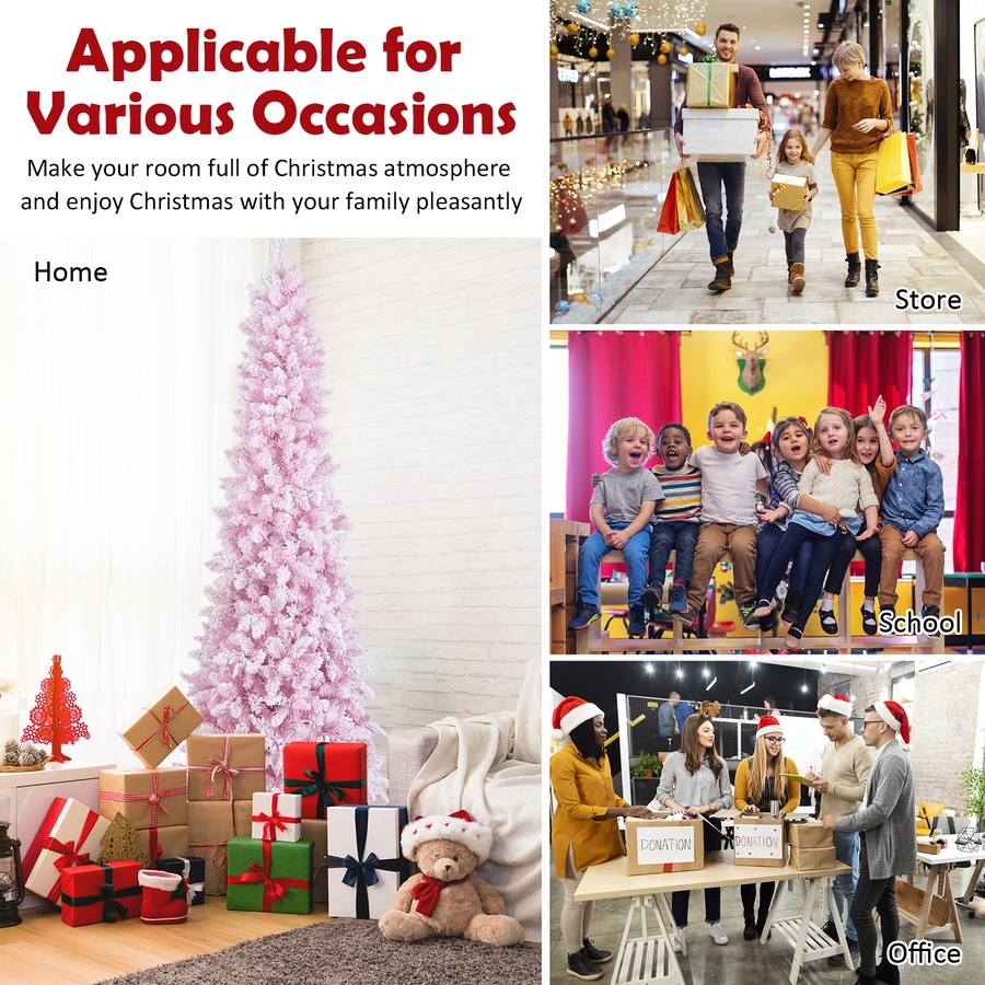 Costway 2.1M Pre-lit Christmas Tree Artificial PVC Hinged Snow Flocked Xmas Tree w/8 Modes Lights & 800 Branch Tips