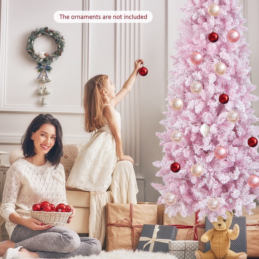 Costway 2.1M Pre-lit Christmas Tree Artificial PVC Hinged Snow Flocked Xmas Tree w/8 Modes Lights & 800 Branch Tips