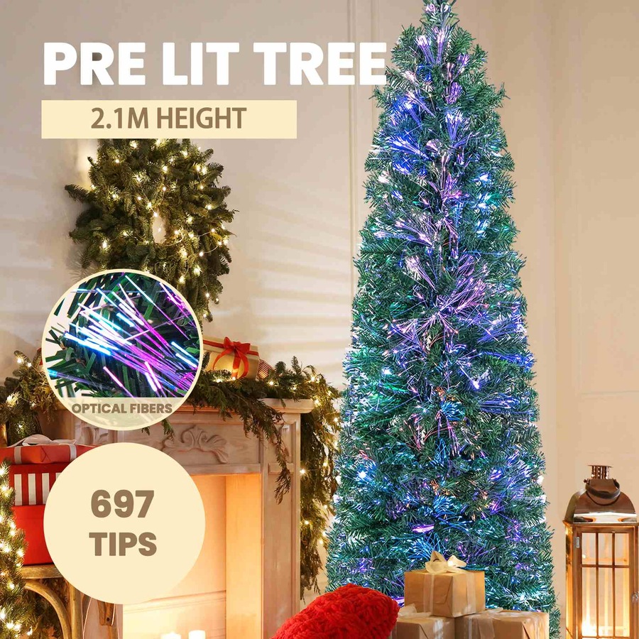 Costway 2.1M Pre Lit Slim Christmas Tree LED Xmas Tree Decoration PVC Home Garden