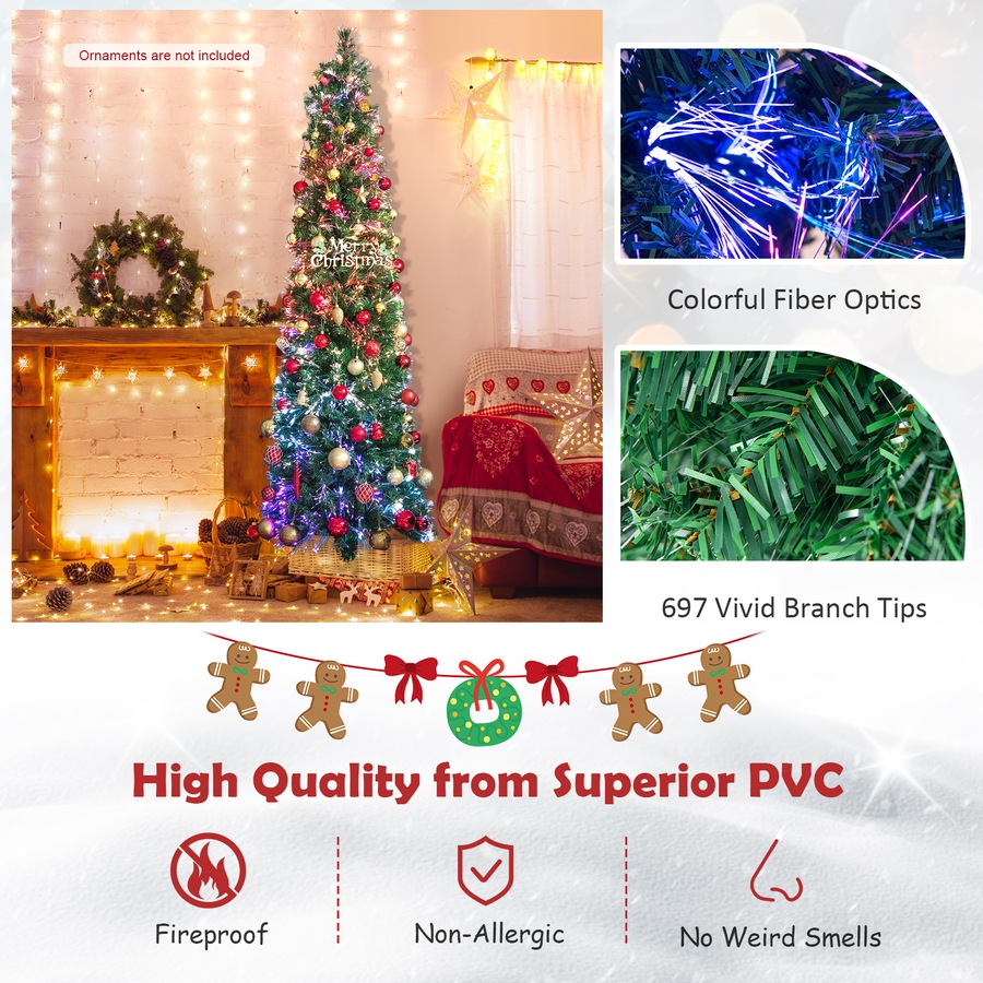 Costway 2.1M Pre Lit Slim Christmas Tree LED Xmas Tree Decoration PVC Home Garden