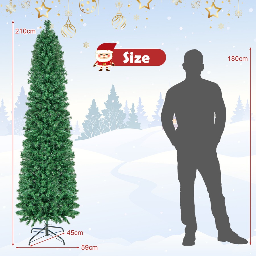 Costway 2.1M Pre Lit Slim Christmas Tree LED Xmas Tree Decoration PVC Home Garden