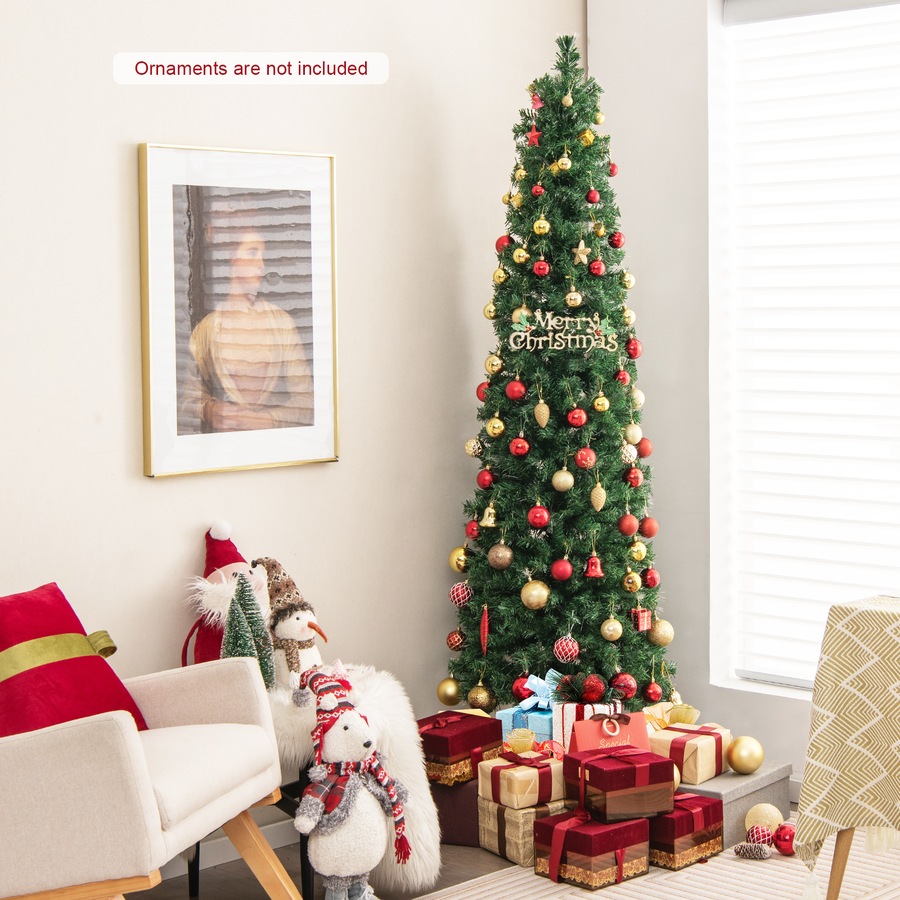 Costway 2.1M Pre Lit Slim Christmas Tree LED Xmas Tree Decoration PVC Home Garden