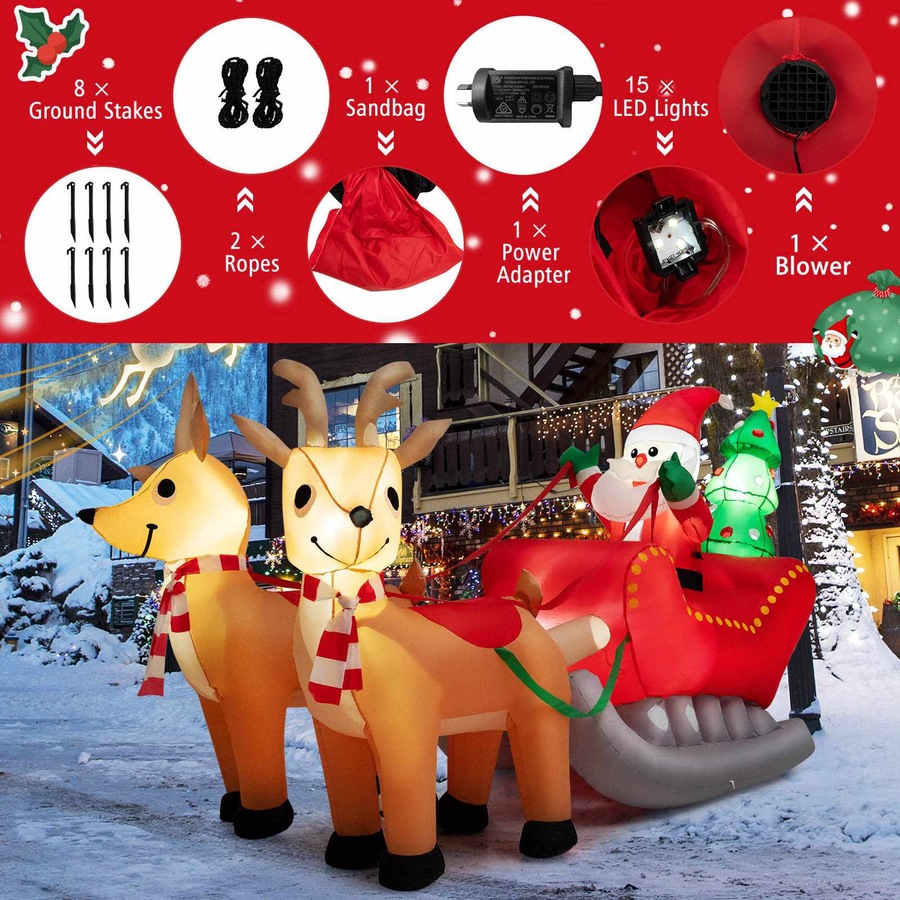 Costway 2.2M Inflatable Santa Claus Reindeer & Sleigh Santa Rides Sled Christmas Yard Decoration