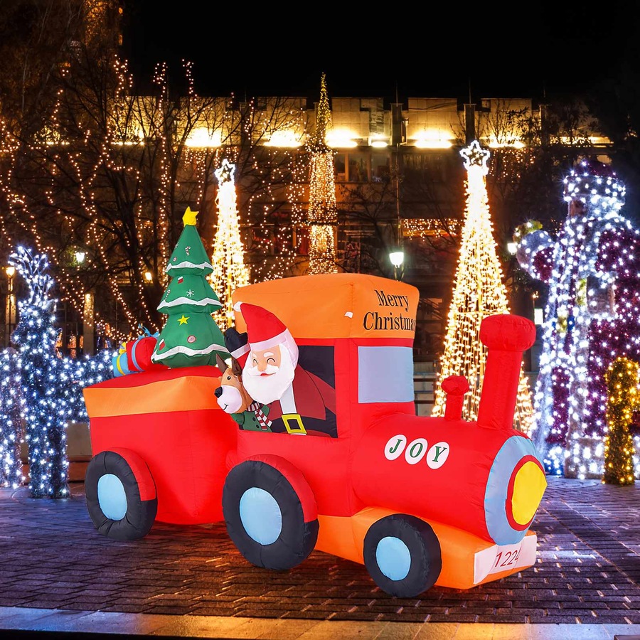 Costway 2.6M LED Pre-lit Inflatable Train w/Santa Claus & Deer Christmas Blow Up Xmas Decor Party Holiday