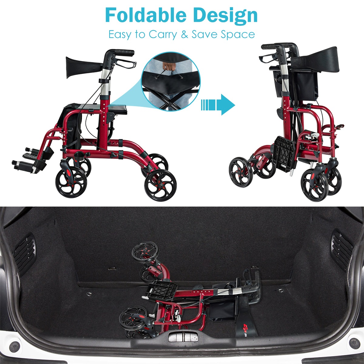 Costway 2IN1 Folding Rollator Walker Wheelchair w/Park Brakes Compact