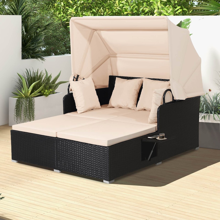 Costway 2-Person Outdoor Daybed Wicker Chaise Lounger Sunbed Patio Sofa Set Furniture w/Canopy & Side Tables