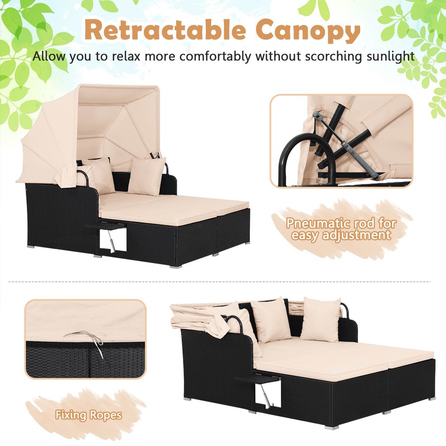 Costway 2-Person Outdoor Daybed Wicker Chaise Lounger Sunbed Patio Sofa Set Furniture w/Canopy & Side Tables