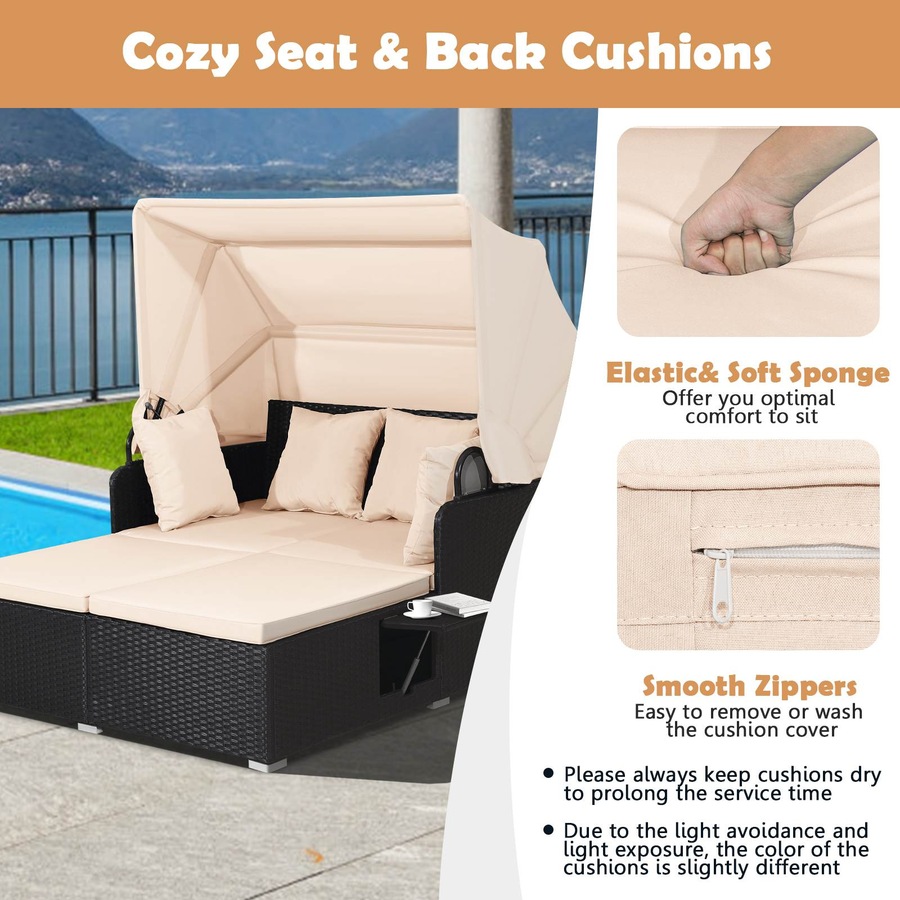 Costway 2-Person Outdoor Daybed Wicker Chaise Lounger Sunbed Patio Sofa Set Furniture w/Canopy & Side Tables