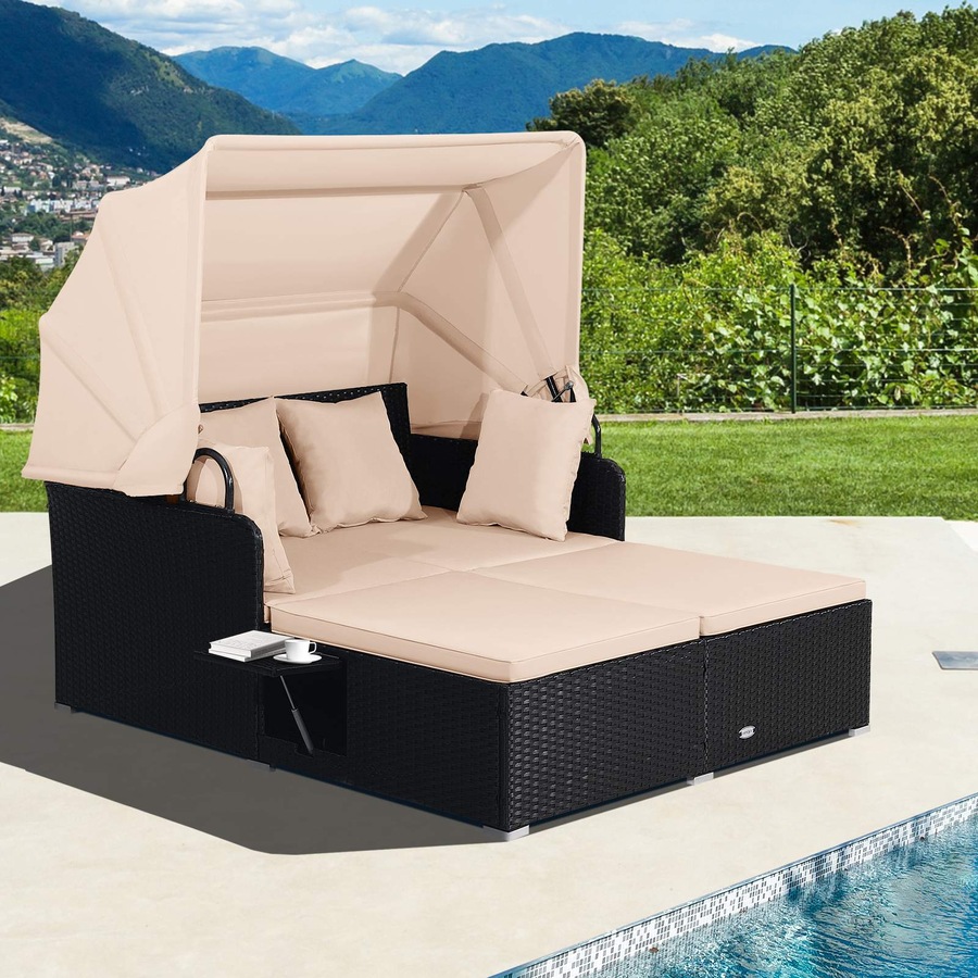 Costway 2-Person Outdoor Daybed Wicker Chaise Lounger Sunbed Patio Sofa Set Furniture w/Canopy & Side Tables