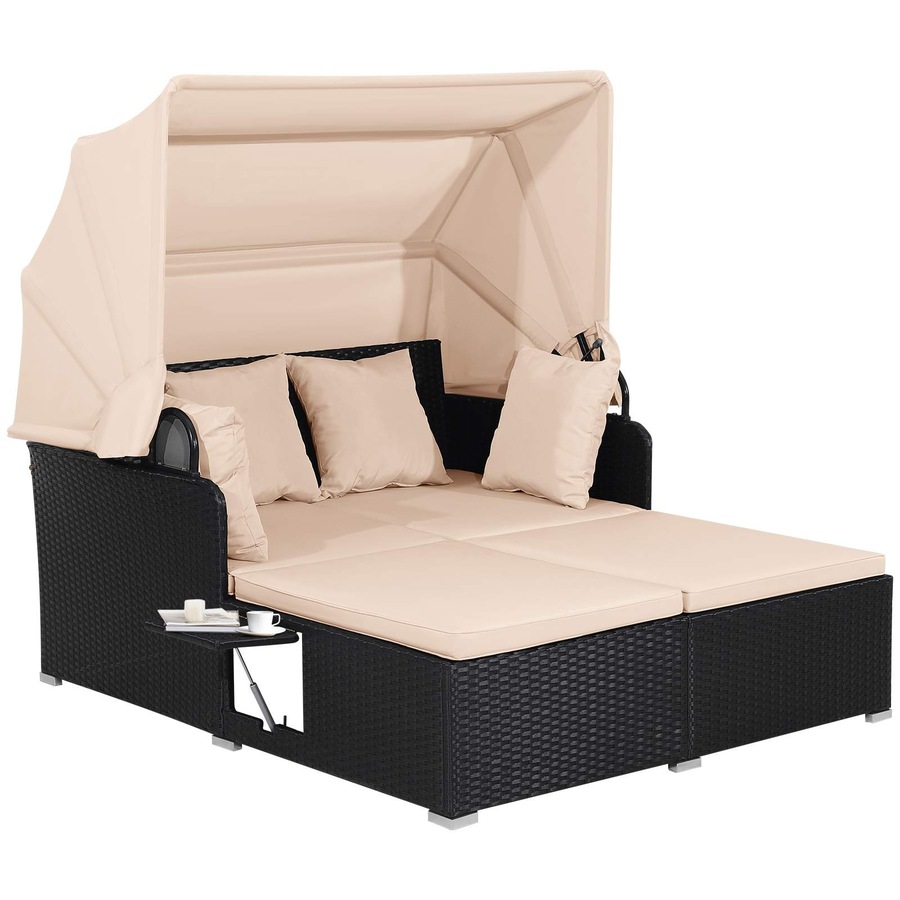 Costway 2-Person Outdoor Daybed Wicker Chaise Lounger Sunbed Patio Sofa Set Furniture w/Canopy & Side Tables