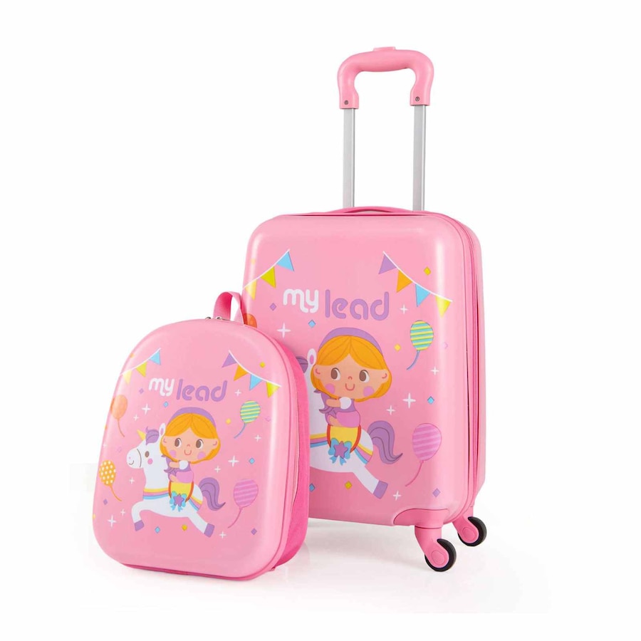 Costway 2 Pieces Hardshell Travel Luggage w/30cm Carry-on Suitcase & 29cm Backpack Airline Approved Rolling Trolley Set Pink