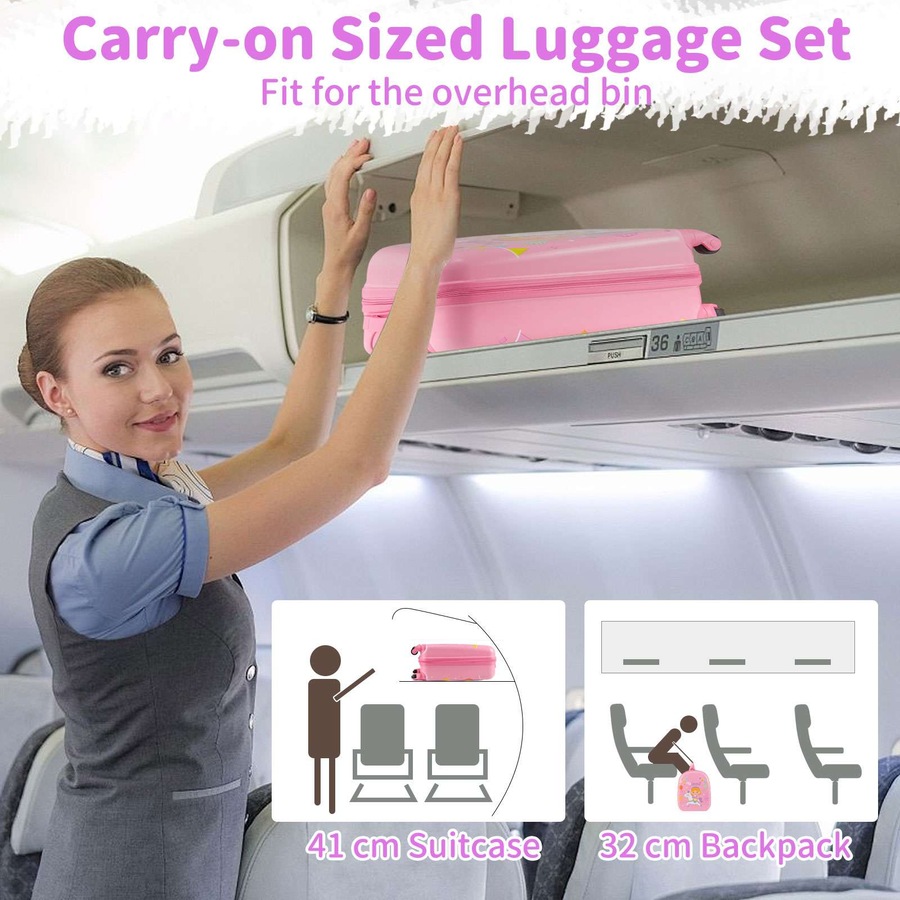 Costway 2 Pieces Hardshell Travel Luggage w/30cm Carry-on Suitcase & 29cm Backpack Airline Approved Rolling Trolley Set Pink