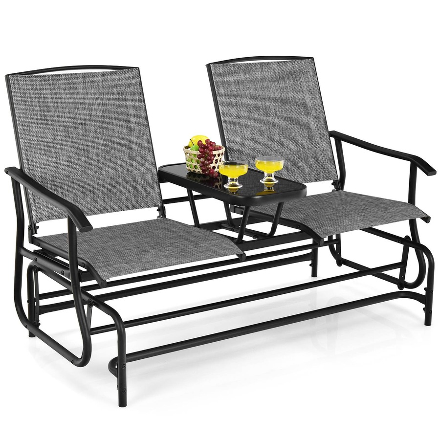 Costway Double Swing Glider Chair Patio Rocking Loveseat w/Center Tempered Glass Table Outdoor Furniture Grey