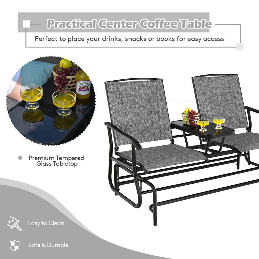 Costway Double Swing Glider Chair Patio Rocking Loveseat w/Center Tempered Glass Table Outdoor Furniture Grey