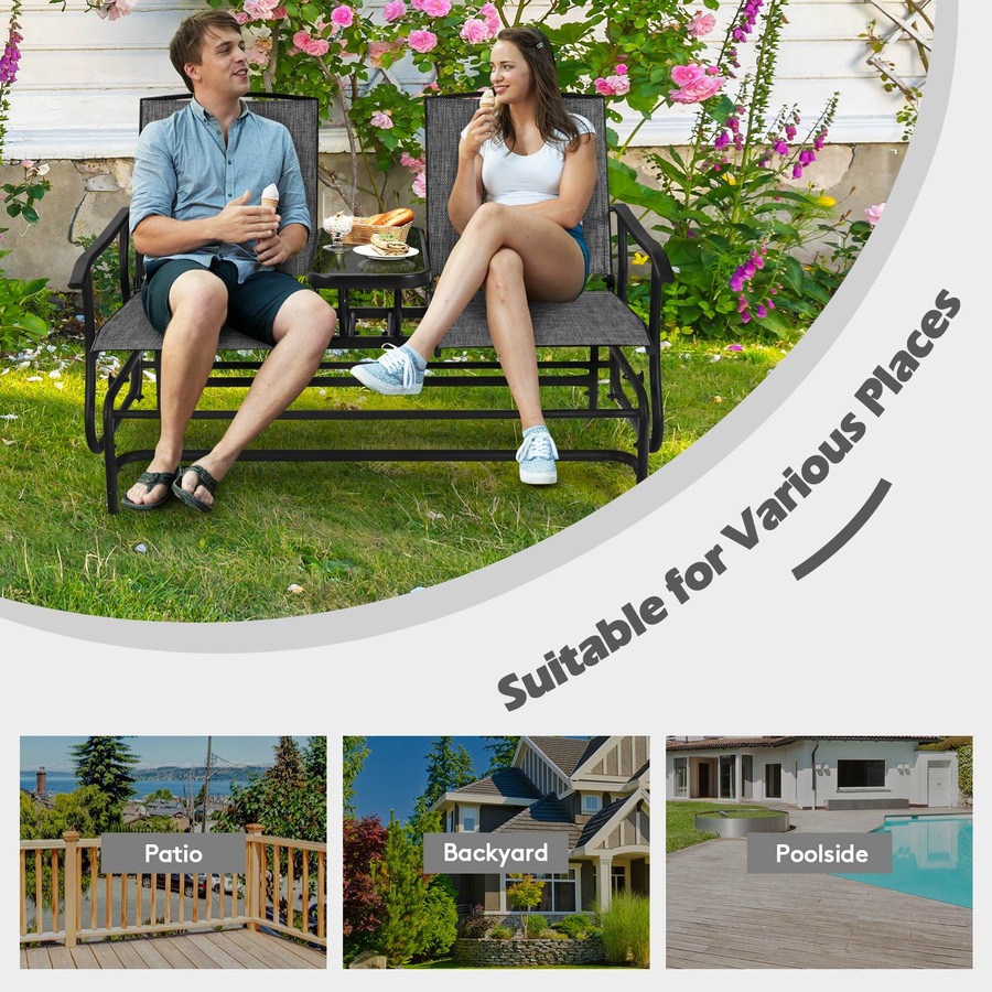 Costway Double Swing Glider Chair Patio Rocking Loveseat w/Center Tempered Glass Table Outdoor Furniture Grey