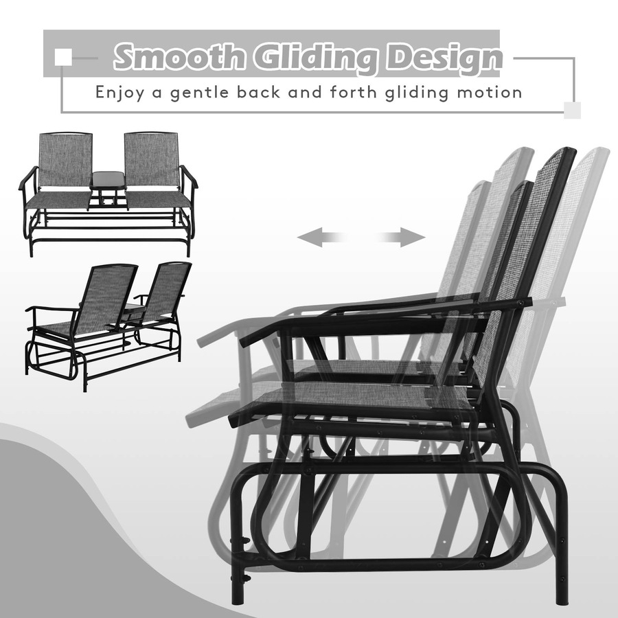 Costway Double Swing Glider Chair Patio Rocking Loveseat w/Center Tempered Glass Table Outdoor Furniture Grey
