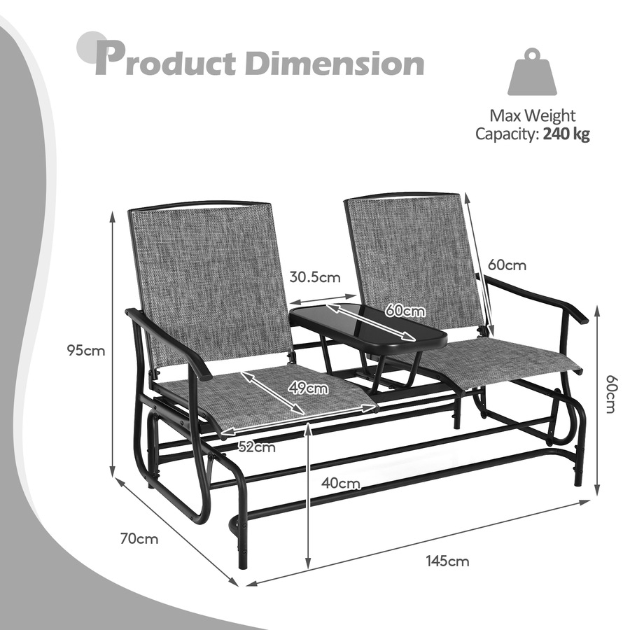 Costway Double Swing Glider Chair Patio Rocking Loveseat w/Center Tempered Glass Table Outdoor Furniture Grey