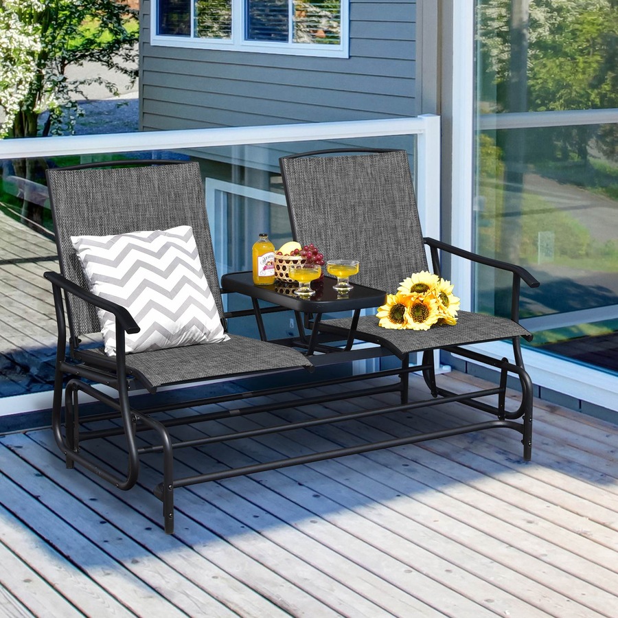 Costway Double Swing Glider Chair Patio Rocking Loveseat w/Center Tempered Glass Table Outdoor Furniture Grey