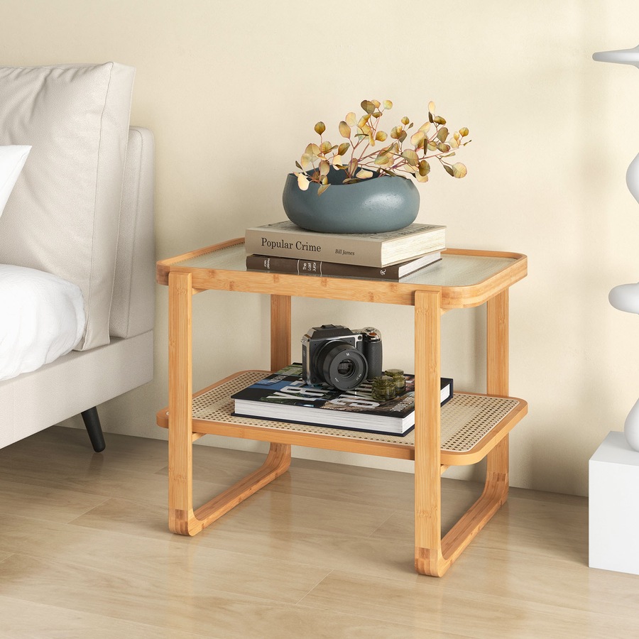 Costway 2-Tier Bamboo Bedside Table Compact End Table Sofa Side Table w/Glass Tabletop & Rattan Shelf Natural