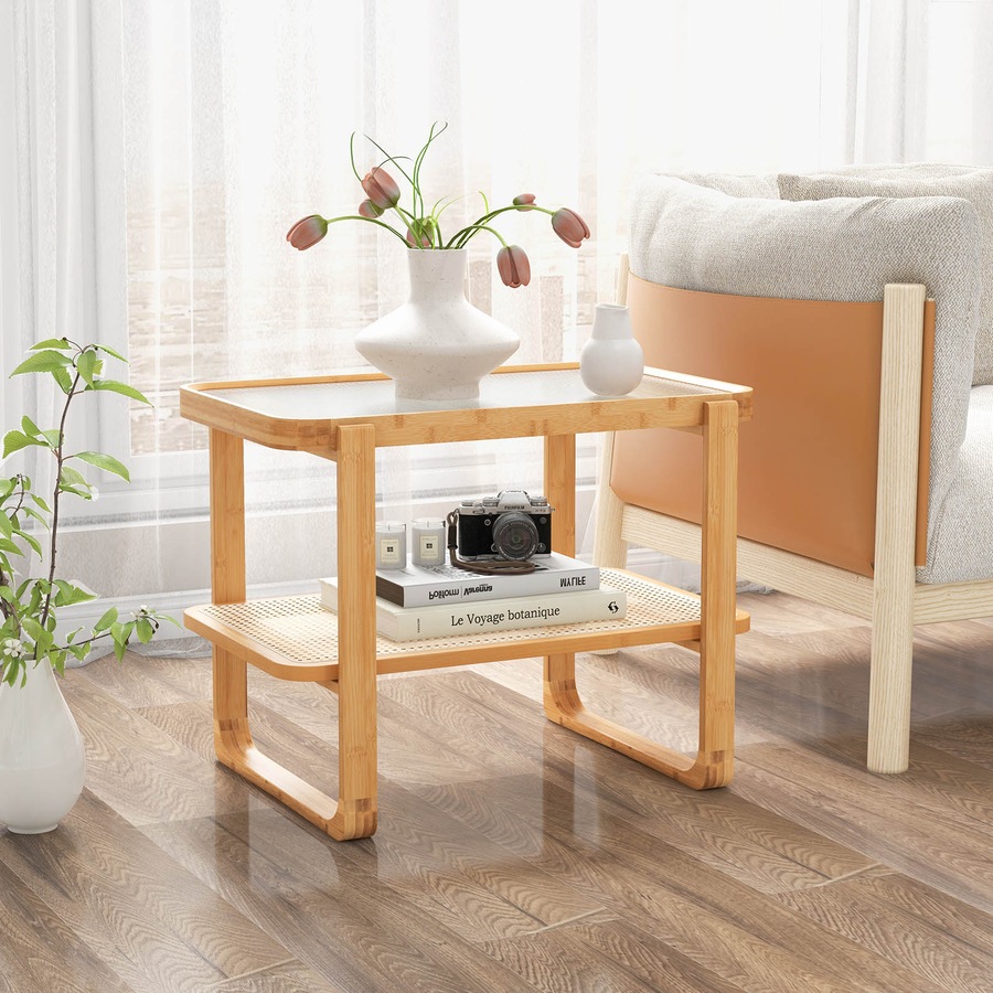 Costway 2-Tier Bamboo Bedside Table Compact End Table Sofa Side Table w/Glass Tabletop & Rattan Shelf Natural