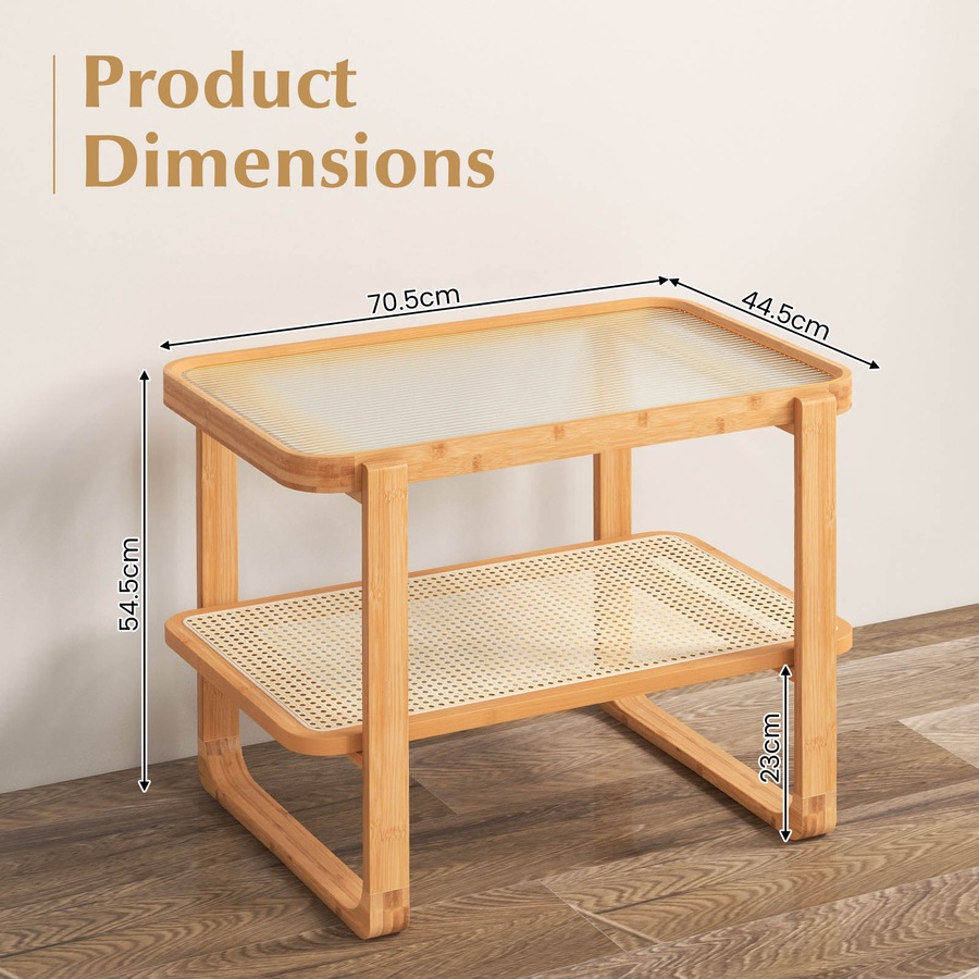 Costway 2-Tier Bamboo Bedside Table Compact End Table Sofa Side Table w/Glass Tabletop & Rattan Shelf Natural