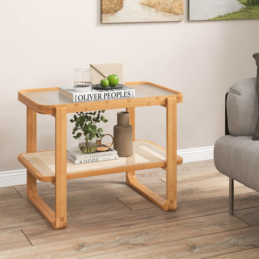 Costway 2-Tier Bamboo Bedside Table Compact End Table Sofa Side Table w/Glass Tabletop & Rattan Shelf Natural