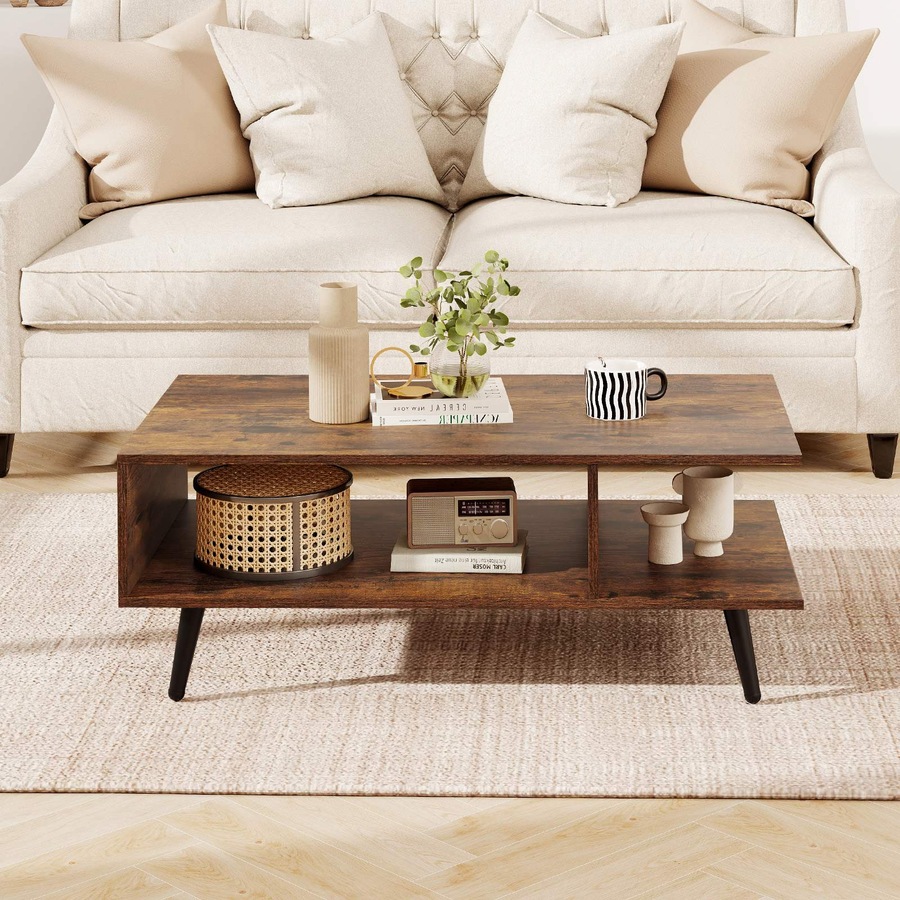 Costway 2-tier Coffee Table w/Storage Home Modern Center Table Tea Table Cocktail Table Brown
