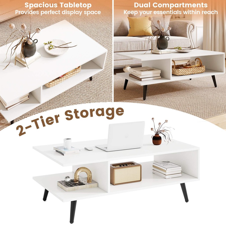 Costway 2-Tier Coffee Table w/Storage Home Modern Center Table Tea Table Cocktail Table White