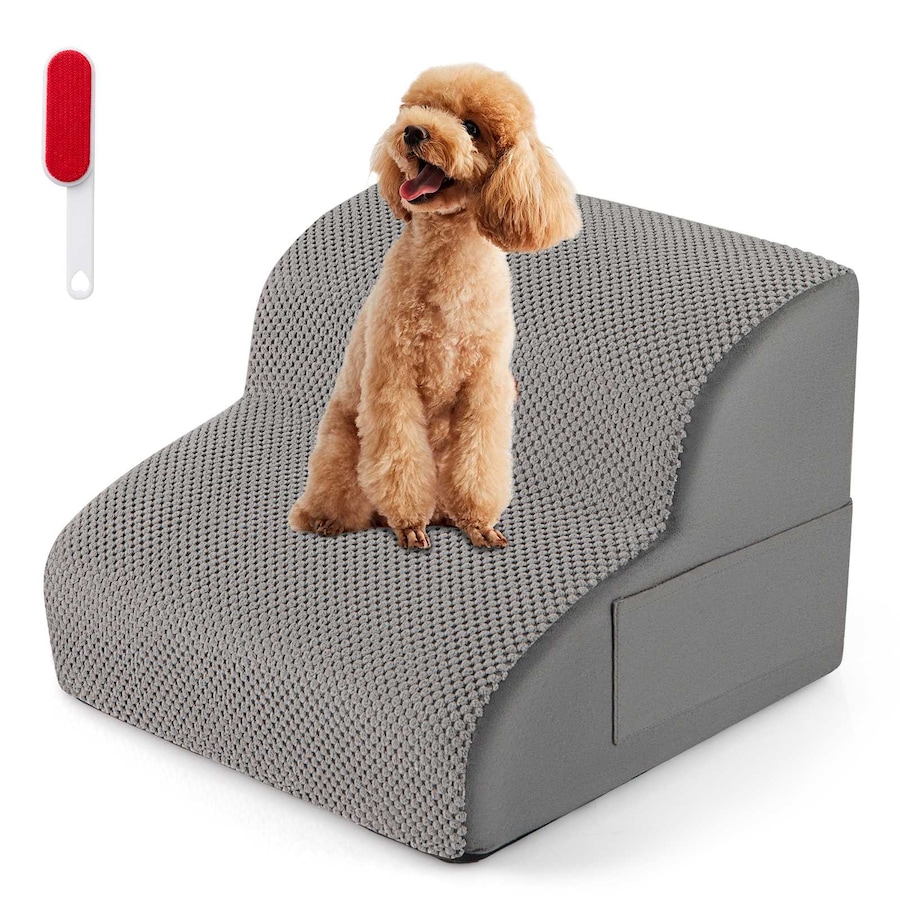Costway 2-Tier Foam Dog Ramp Pet Step Stairs Non-Slip Climbing Ladder w/Hair Remover Brush Sofa Bed Couch Cat Grey