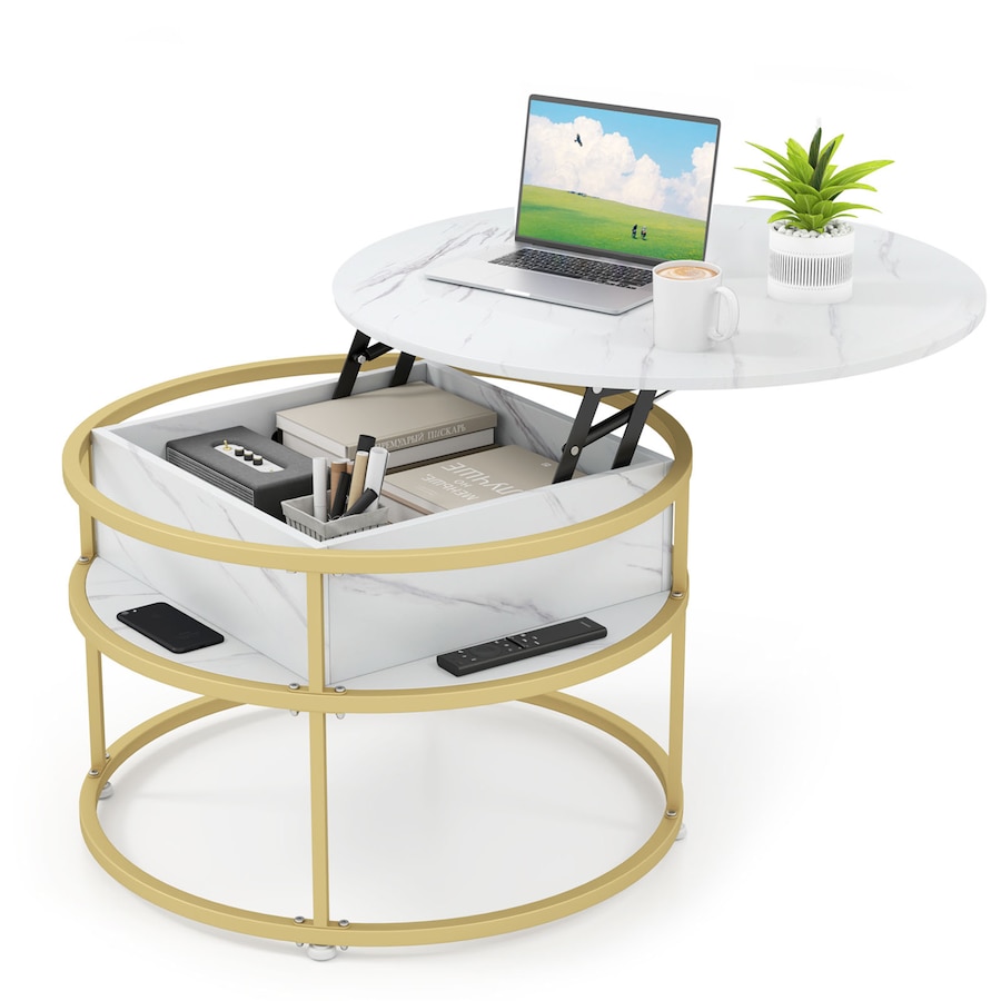 Costway 2-Tier Round Lift Top Coffee Table Center Cocktail Table w/Compartment Side Shelves Living Room White