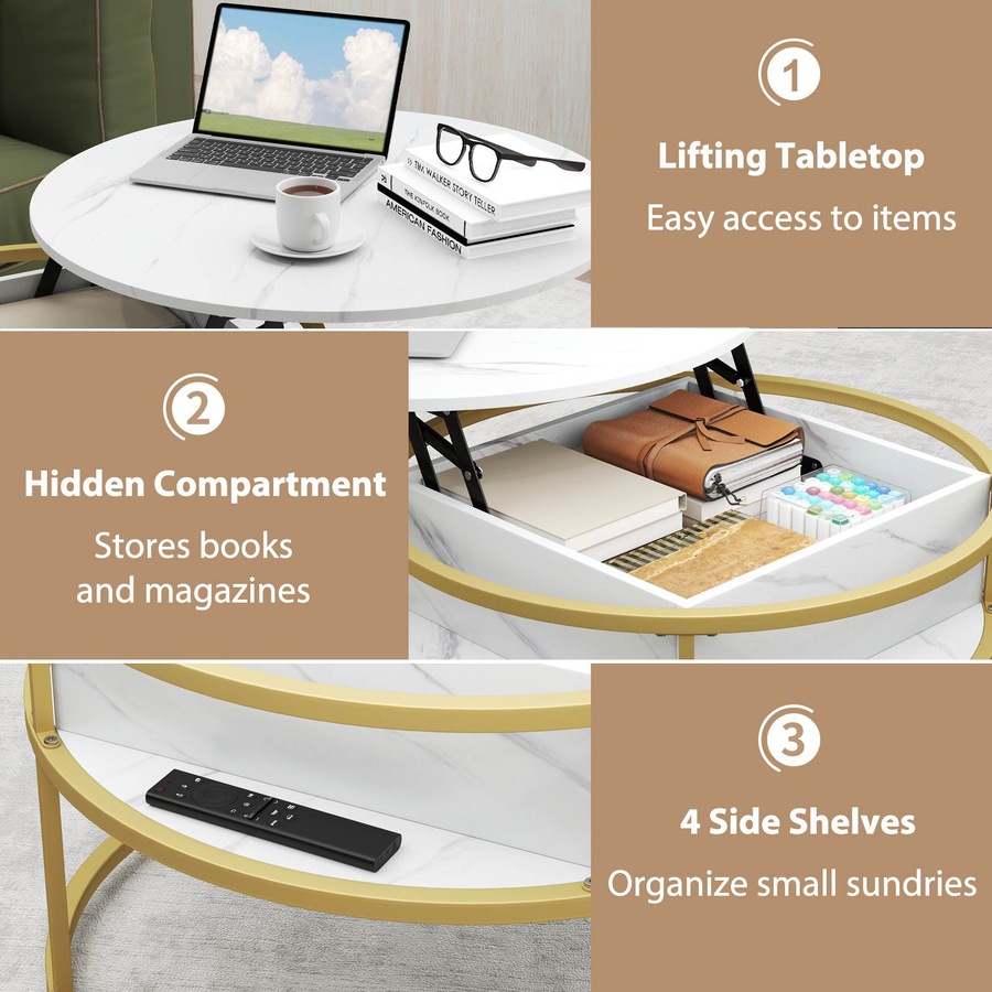 Costway 2-Tier Round Lift Top Coffee Table Center Cocktail Table w/Compartment Side Shelves Living Room White